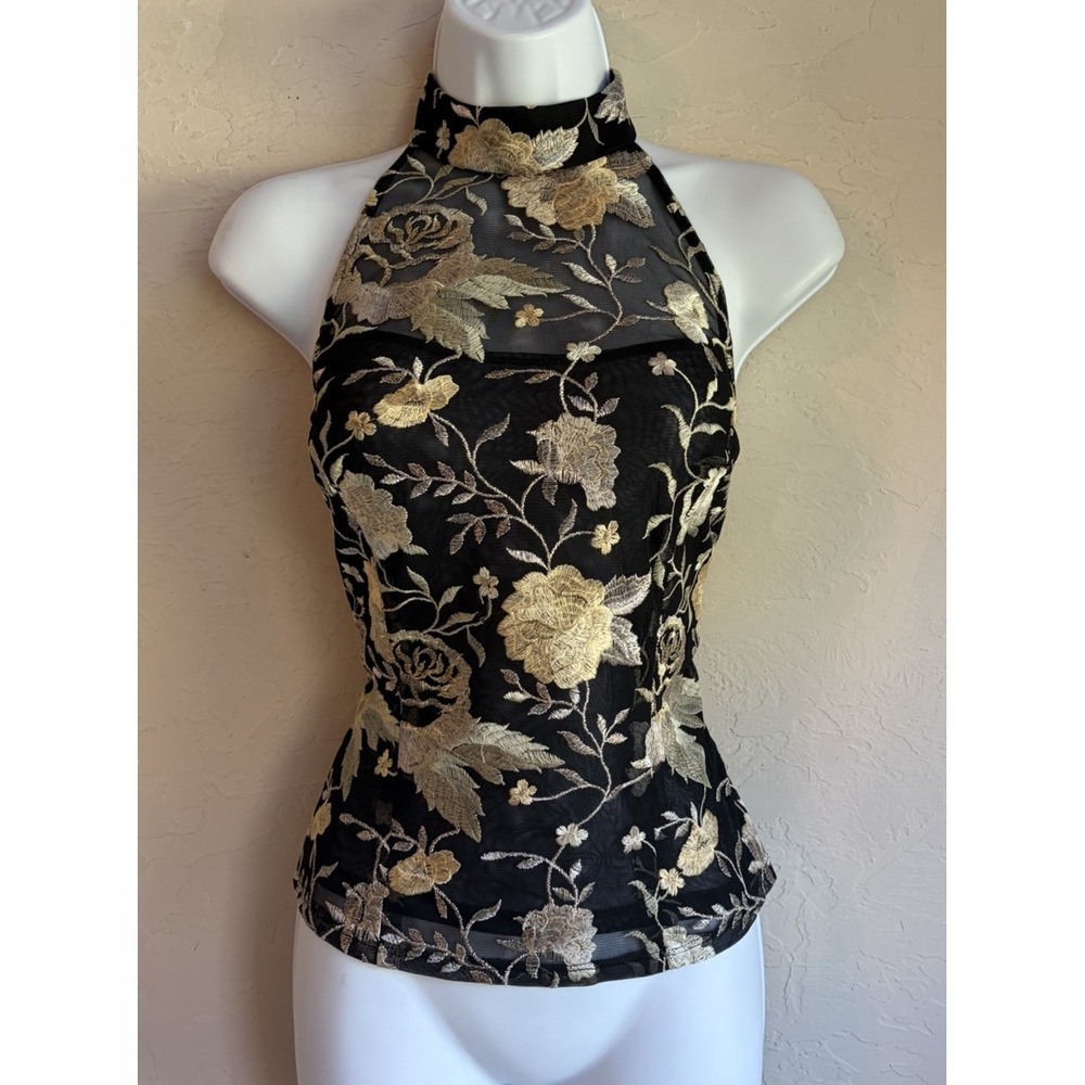 Vintage Y2K Cache Embroidered Mesh Halter Top 8 Floral Dark Romantic Fairy